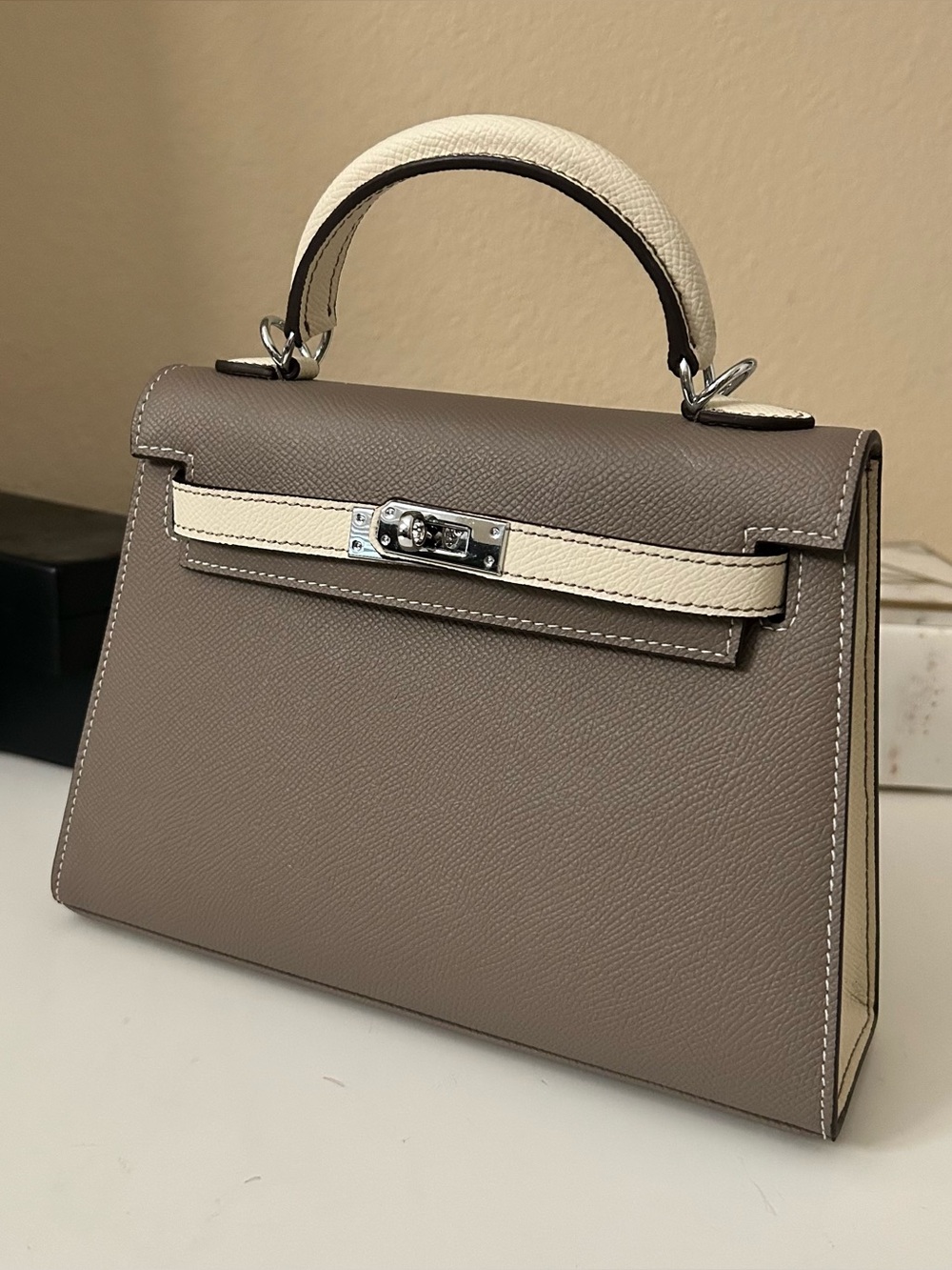 22cm Two-Tone Etaupe & Cream Top-Handle Satchel